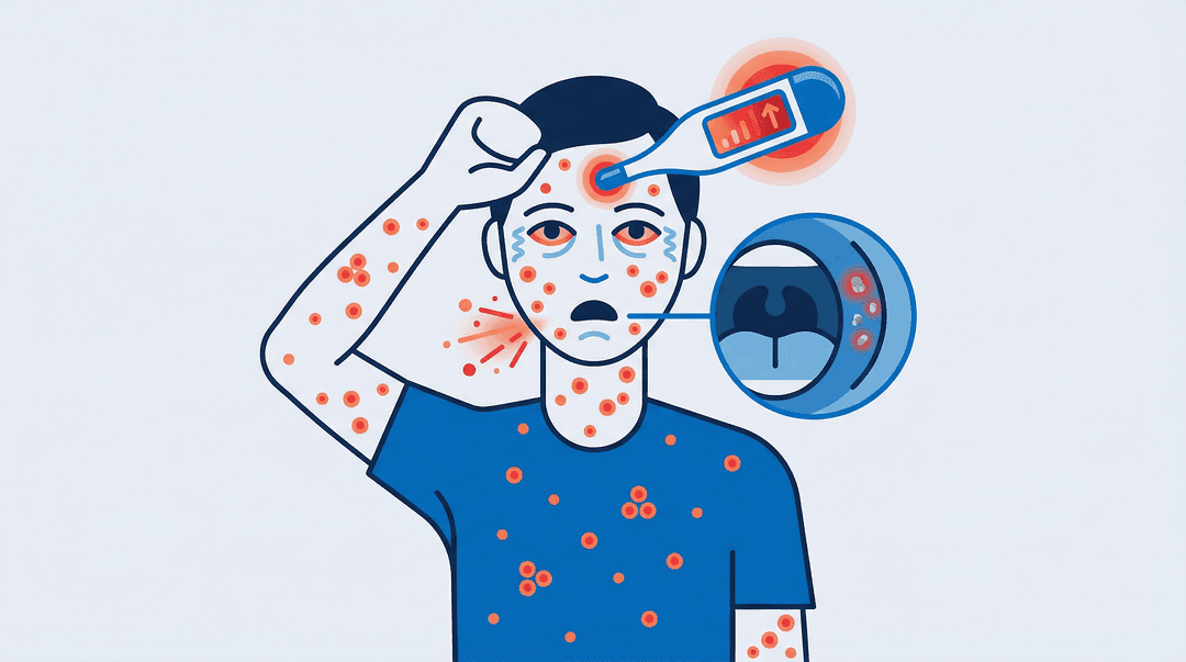 Ilustración de los síntomas del sarampión: fiebre, sarpullido, ojos rojos, manchas de Koplik